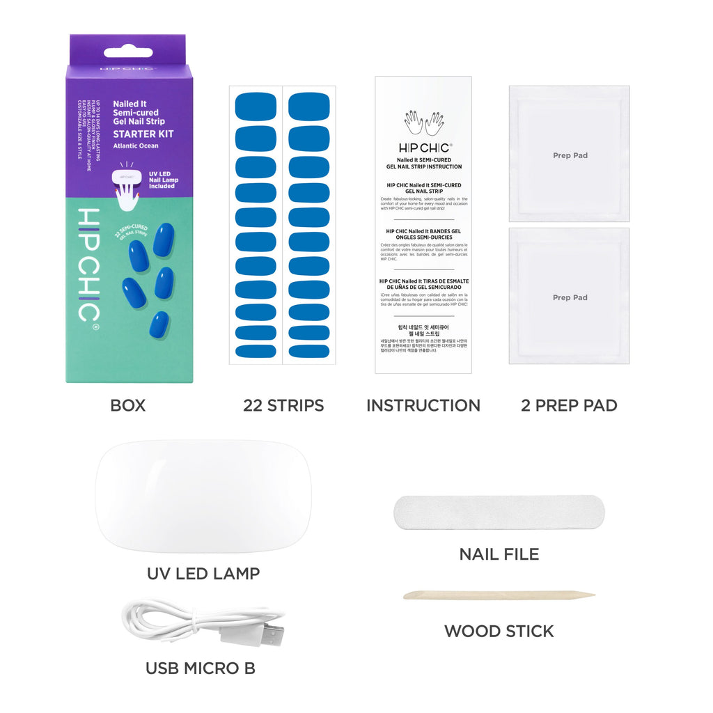 Hip Chic Nailed It Semi-cured Gel Nail Strip STARTER KIT - Atlantic Ocean (UV LED Lamp Included)